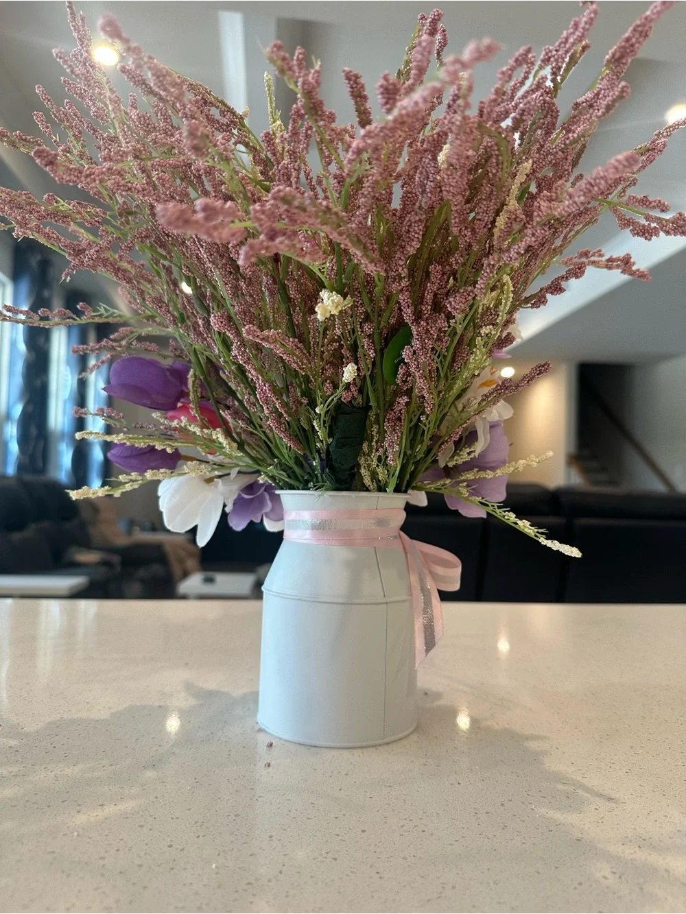 Purple & Pink Artificial Floral Arrangement in White Vase